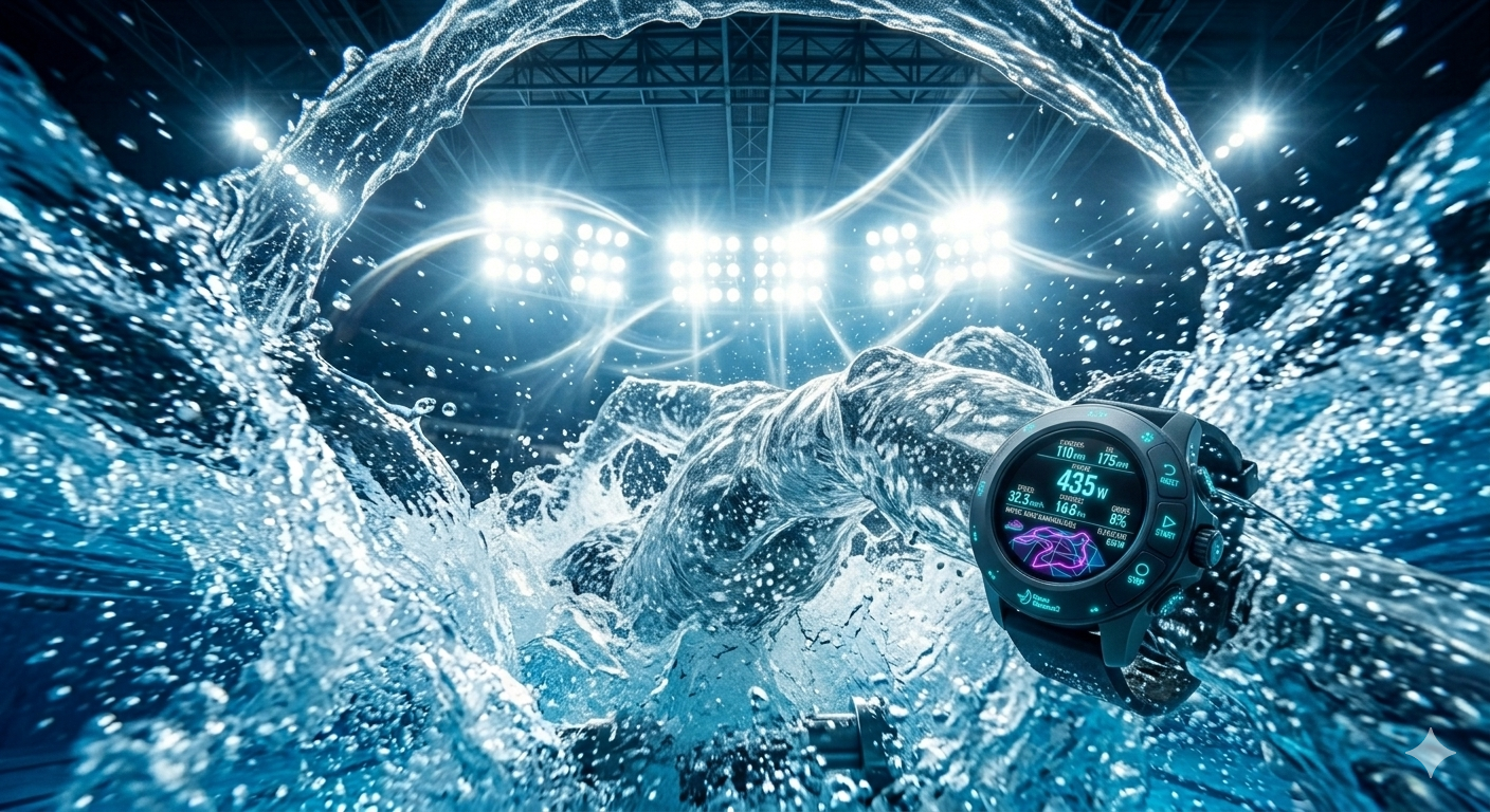 An abstract energetic flow of water splashing dynamically simulating swimming motion, high speed photography, fitness concept art, Nano Banana2